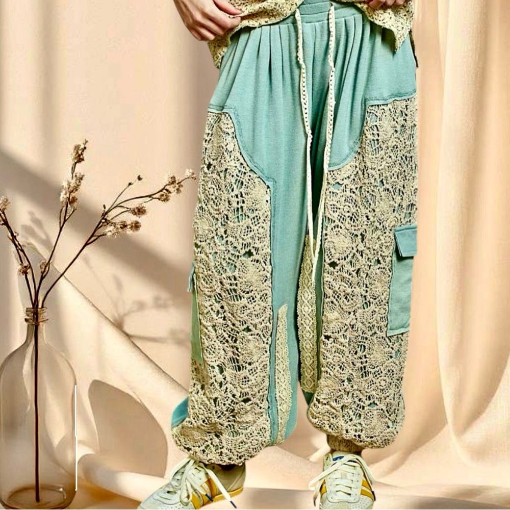 POL Teal Seafoam Crochet Patchwork Lace Joggers Bohemian Pants